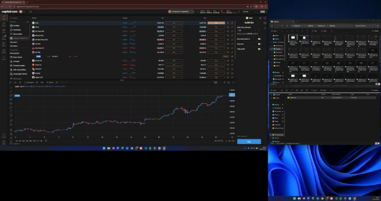 Capital.com live trading dashboard captured during active platform use, showing real market watchlist, gold price chart, and order panel with buy and sell controls in dark mode.