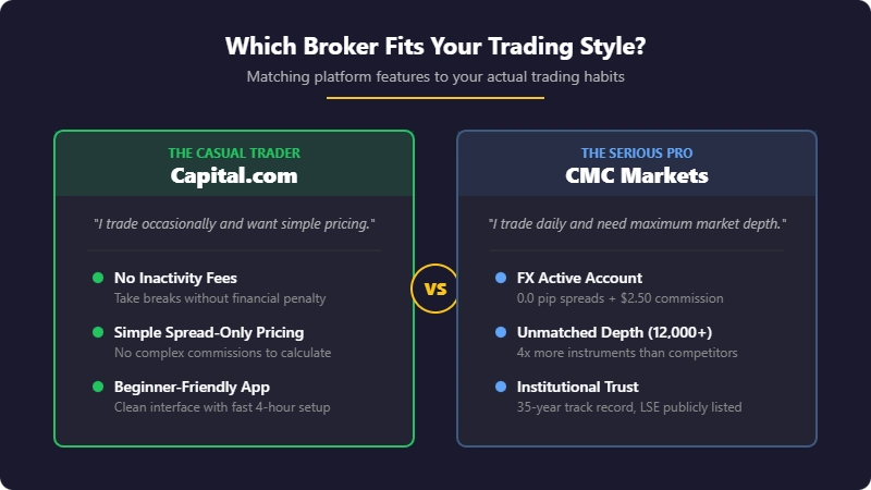 Comparison graphic showing Capital.com for casual traders and CMC Markets for active professional traders, highlighting pricing, fees, and platform depth