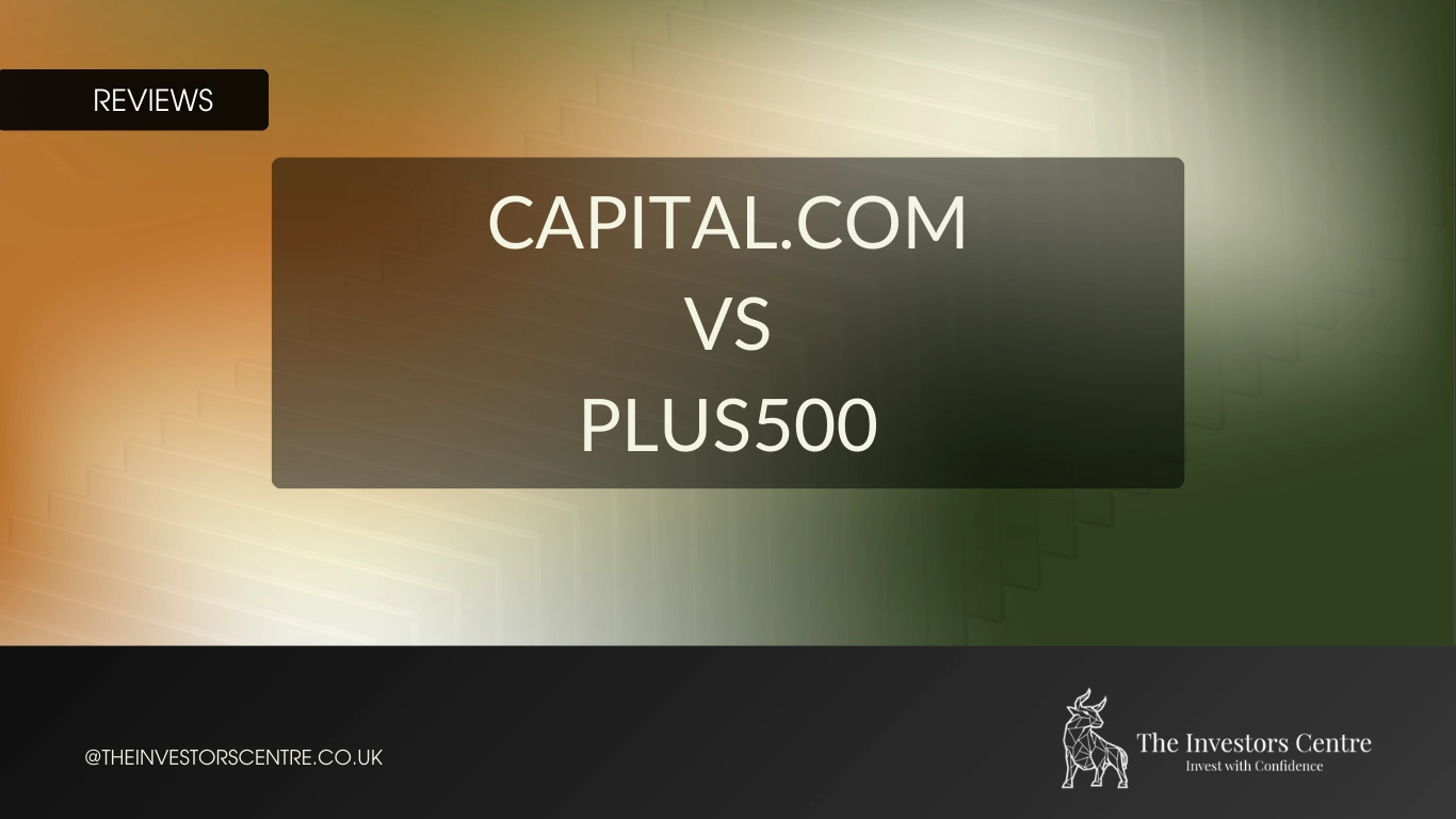 Featured review image displaying text Capital.com vs Plus500 over a gradient background with The Investors Centre branding