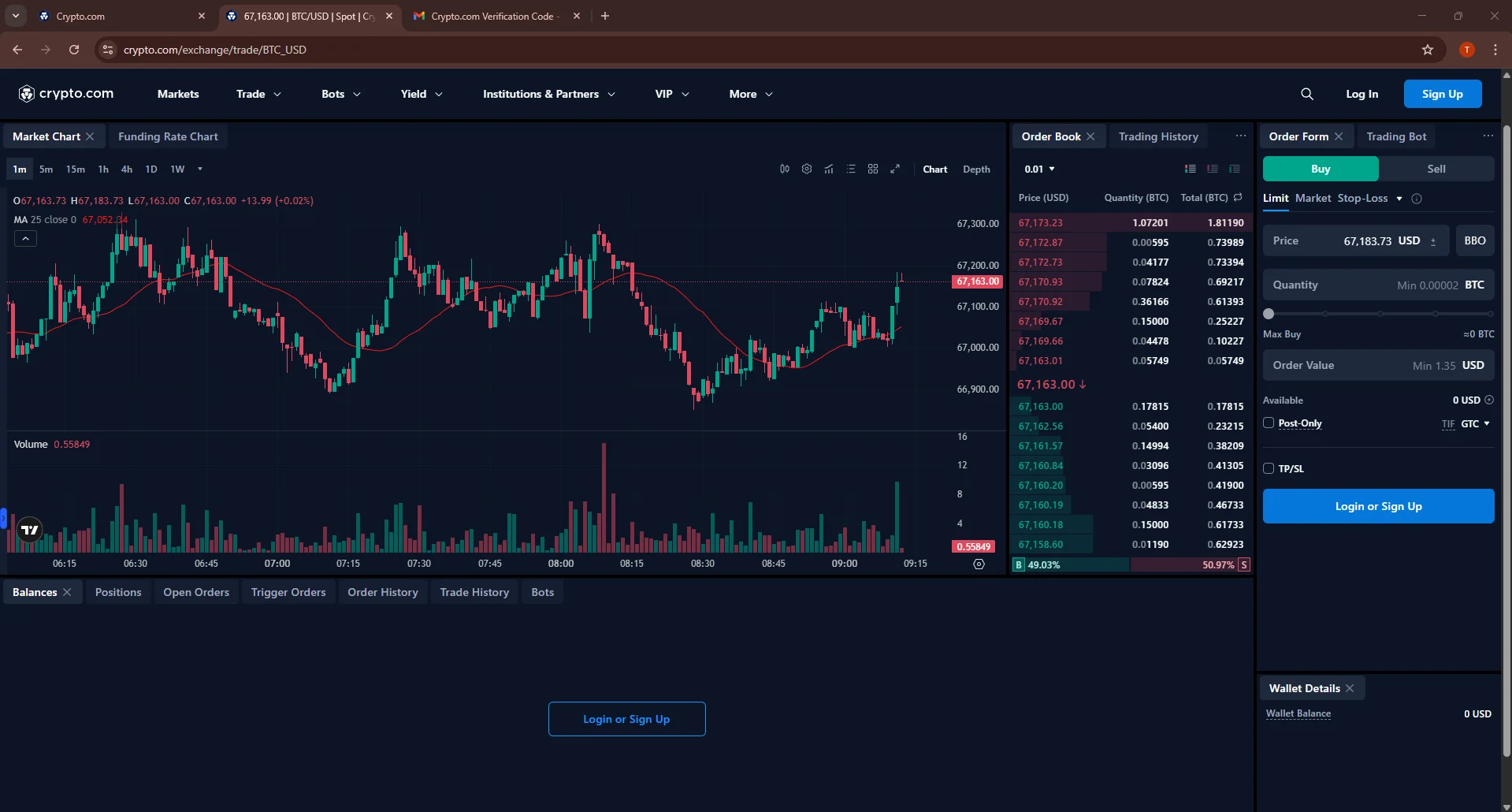 Crypto.com BTC/USD spot trading screen with candlestick chart, volume bars, order book, and buy/sell order panel.
