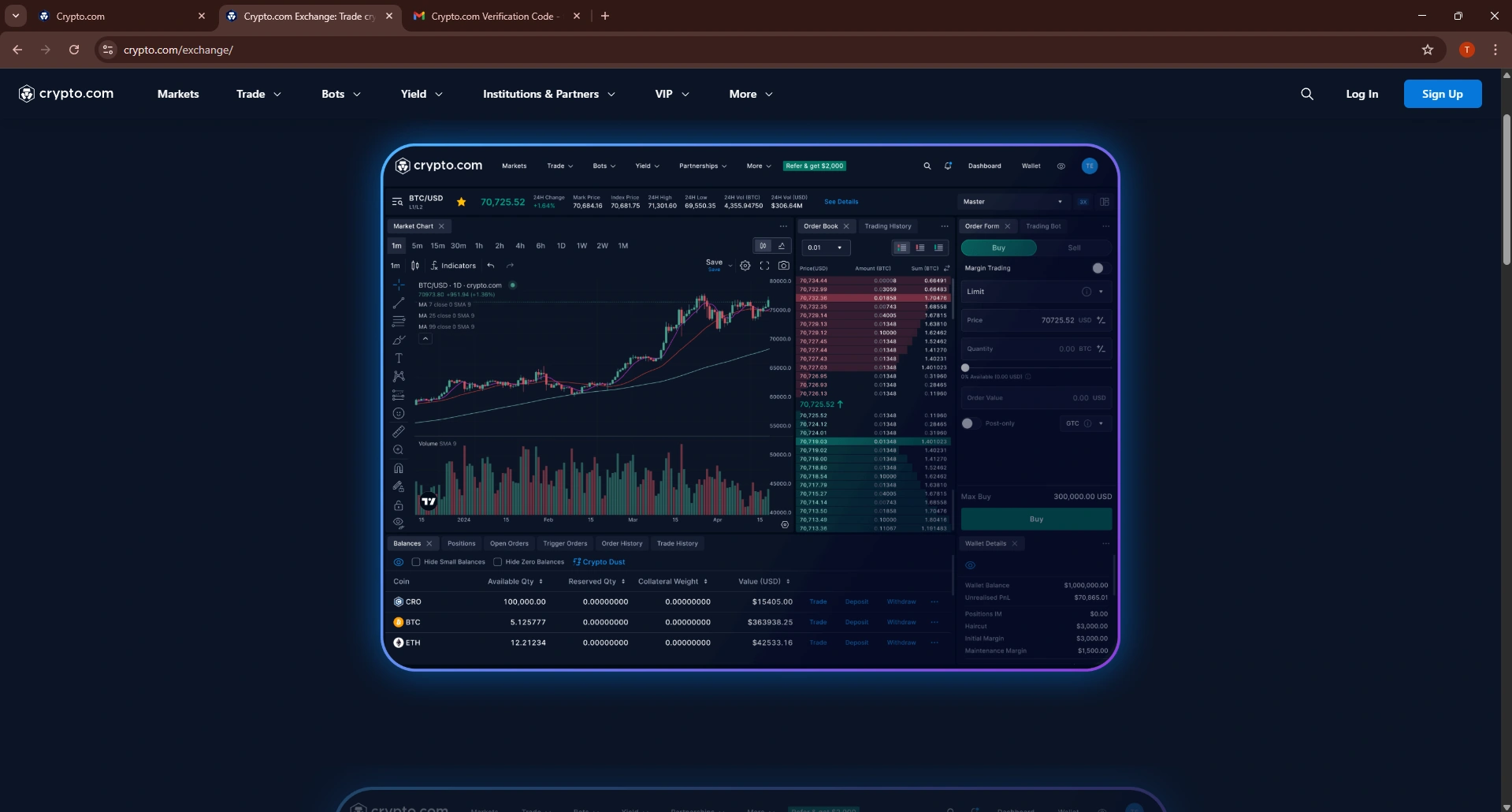 Crypto.com Exchange trading dashboard showing BTC/USD price chart, order book, buy and sell panel, and portfolio balances.