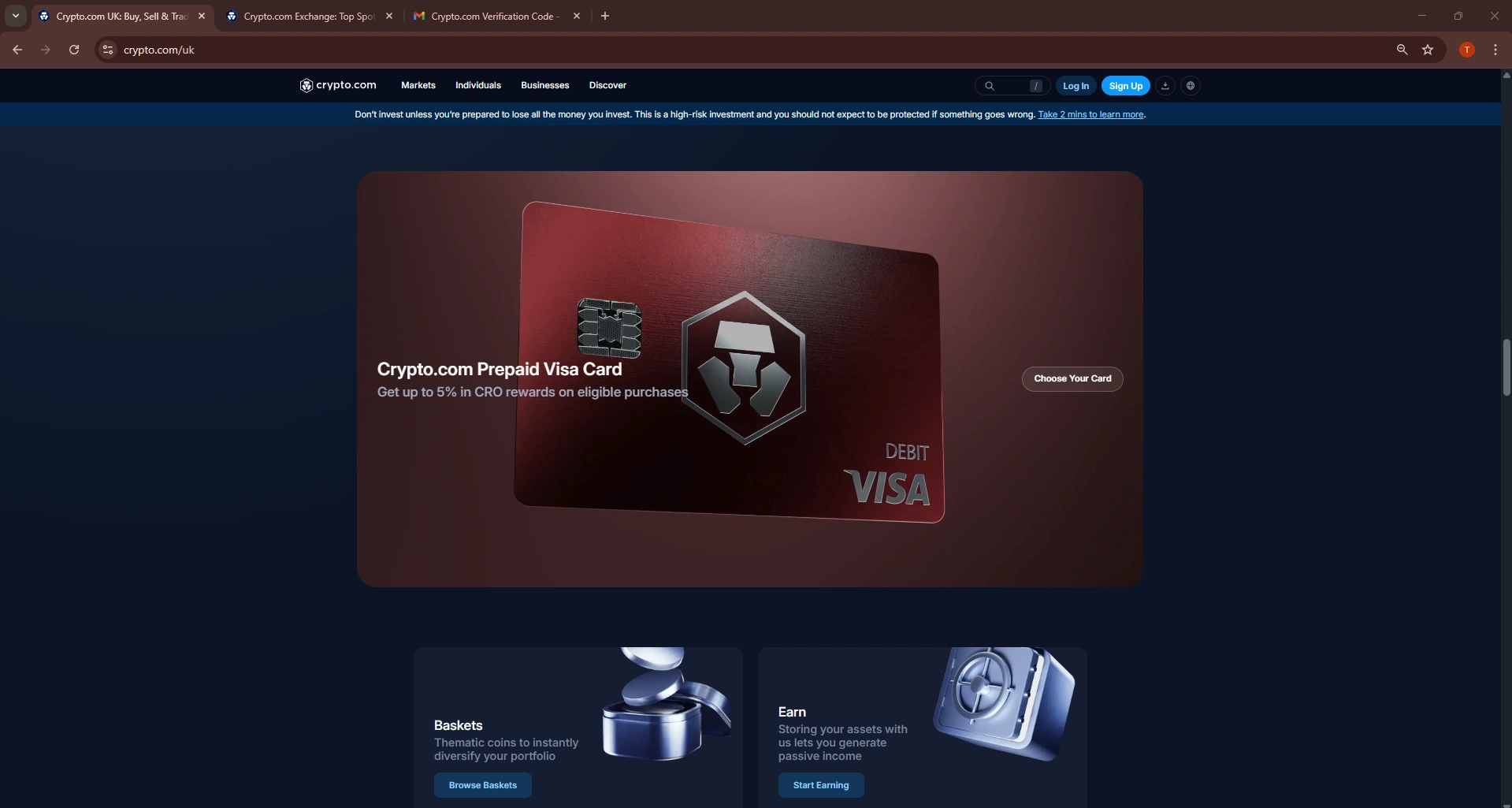 Crypto.com prepaid Visa debit card page promoting up to 5% CRO rewards and card features.