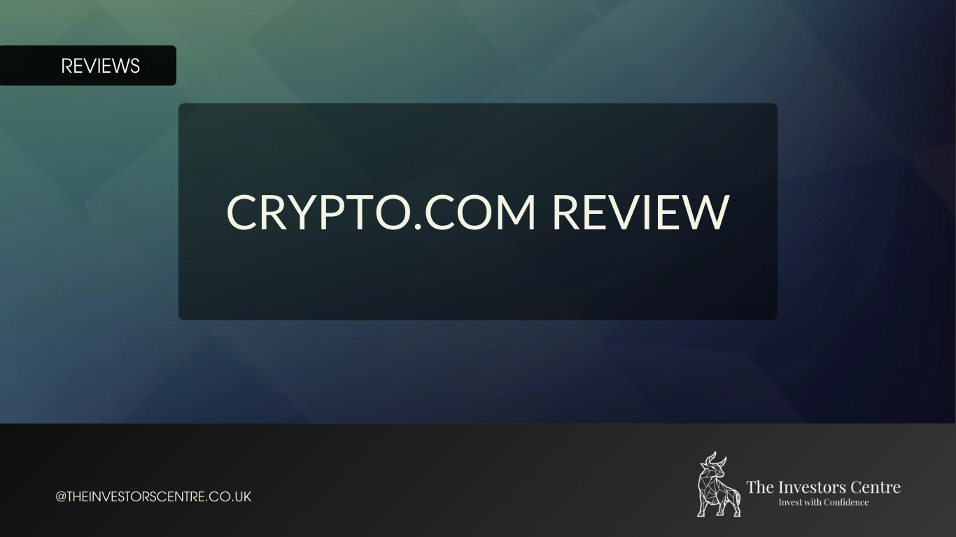 Crypto.com review featured banner with Reviews label and The Investors Centre branding.