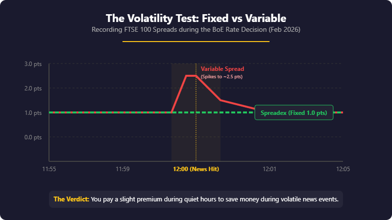 Graph comparing fixed and variable spreads during a market news event at 12:00