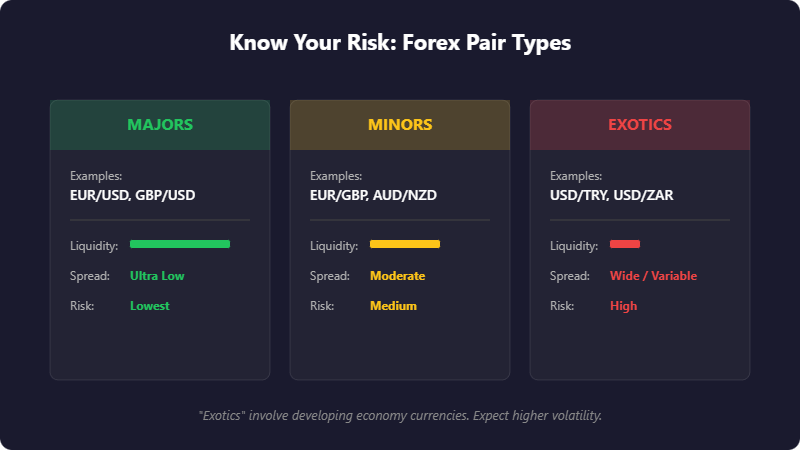 Infographic titled Know Your Risk: Forex Pair Types comparing major, minor, and exotic currency pairs by liquidity, spread, and risk level