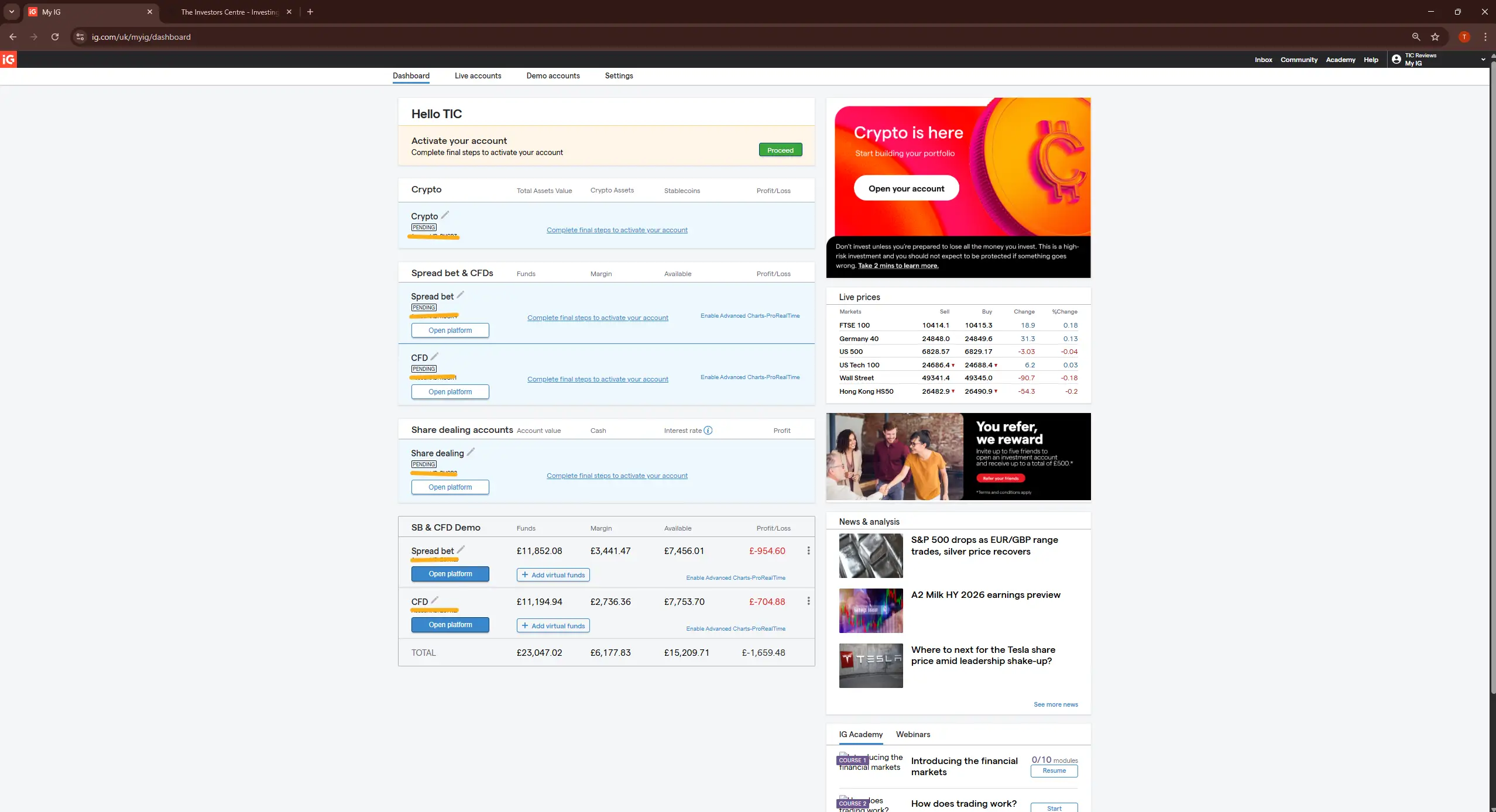 IG dashboard displaying spread betting, CFD, share dealing accounts, portfolio balances, and live market prices