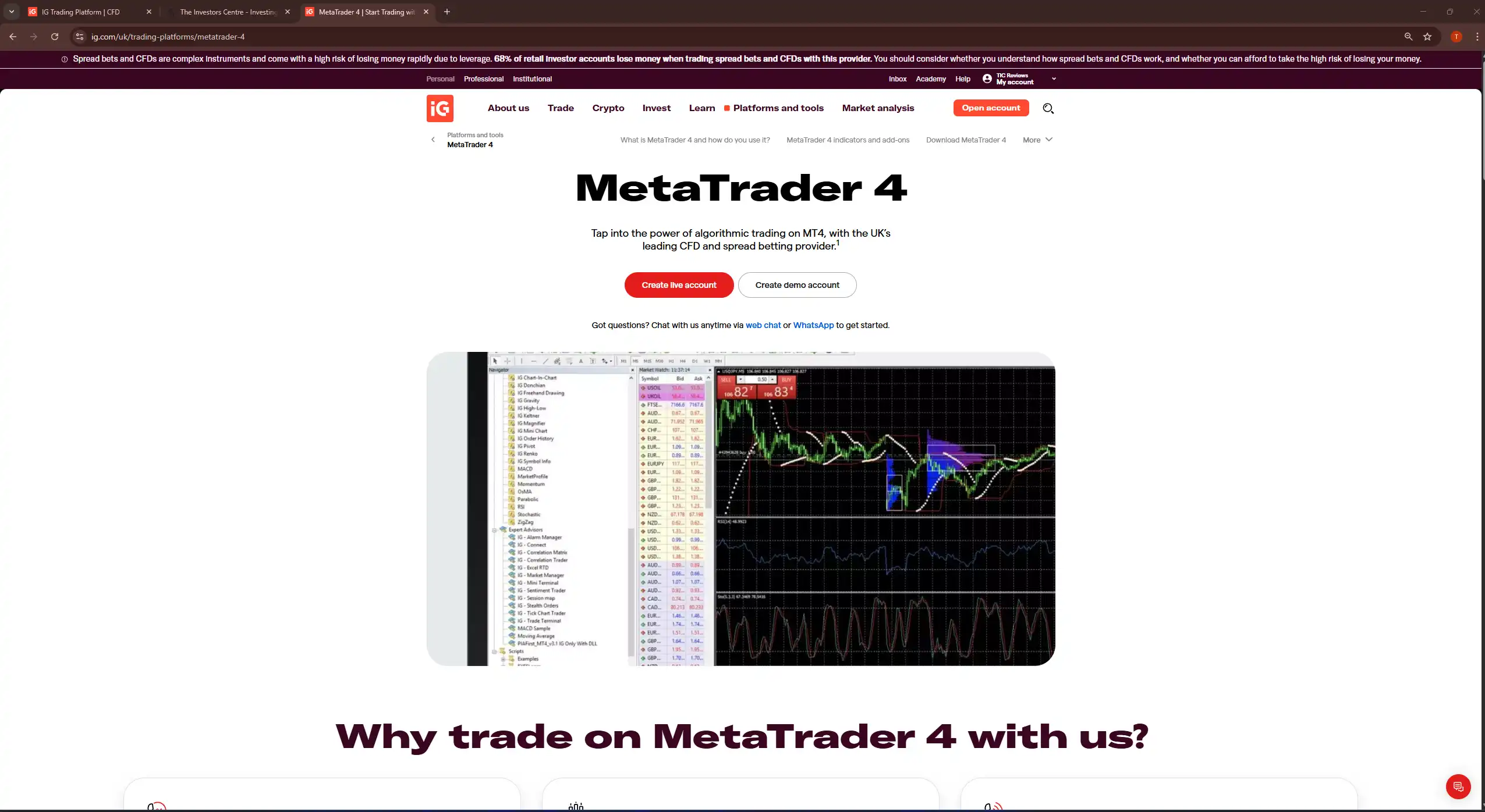 Screenshot of the IG website MetaTrader 4 page showing platform overview, account options, and trading interface preview.