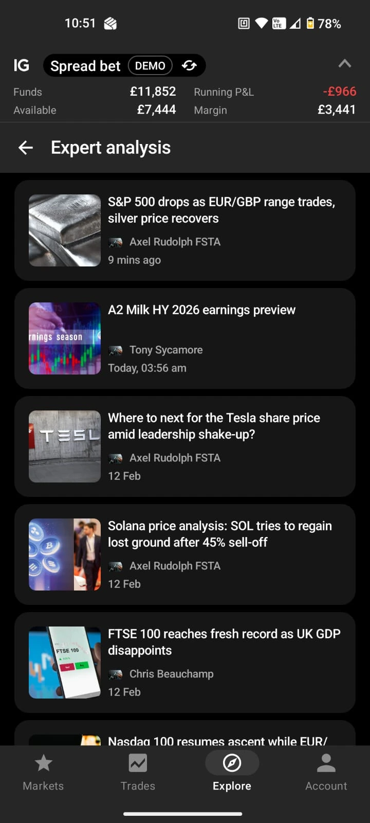 IG mobile app screen showing expert market analysis articles and recent financial news headlines