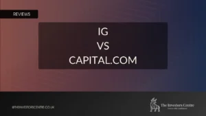 Featured review image displaying text “IG vs Capital.com” over a dark gradient background with The Investors Centre branding.