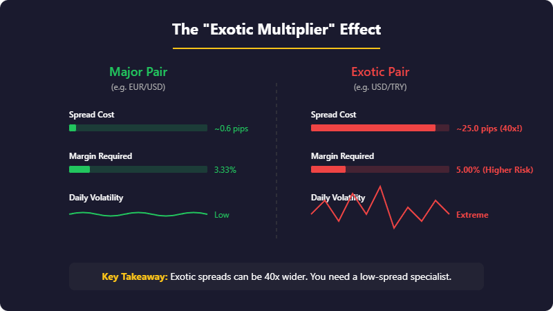 Graphic titled The Exotic Multiplier Effect comparing major and exotic forex pairs, showing wider spreads, higher margin requirements, and greater volatility for exotic pairs