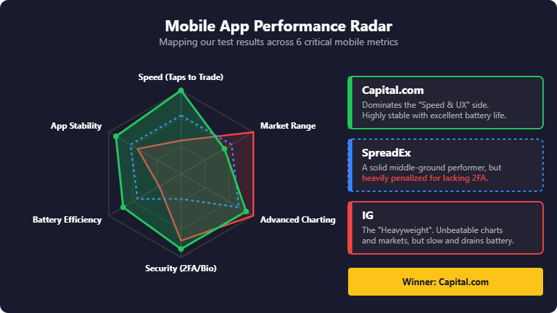 Radar chart comparing Capital.com, SpreadEx, and IG across mobile trading metrics including speed, stability, battery use, security, and charting features.