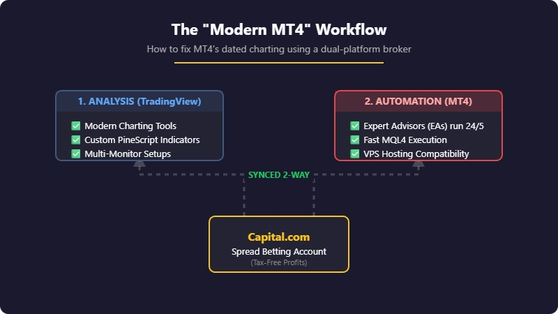 Diagram titled The Modern MT4 Workflow showing analysis on TradingView and automation on MT4 connected to a Capital.com spread betting account.