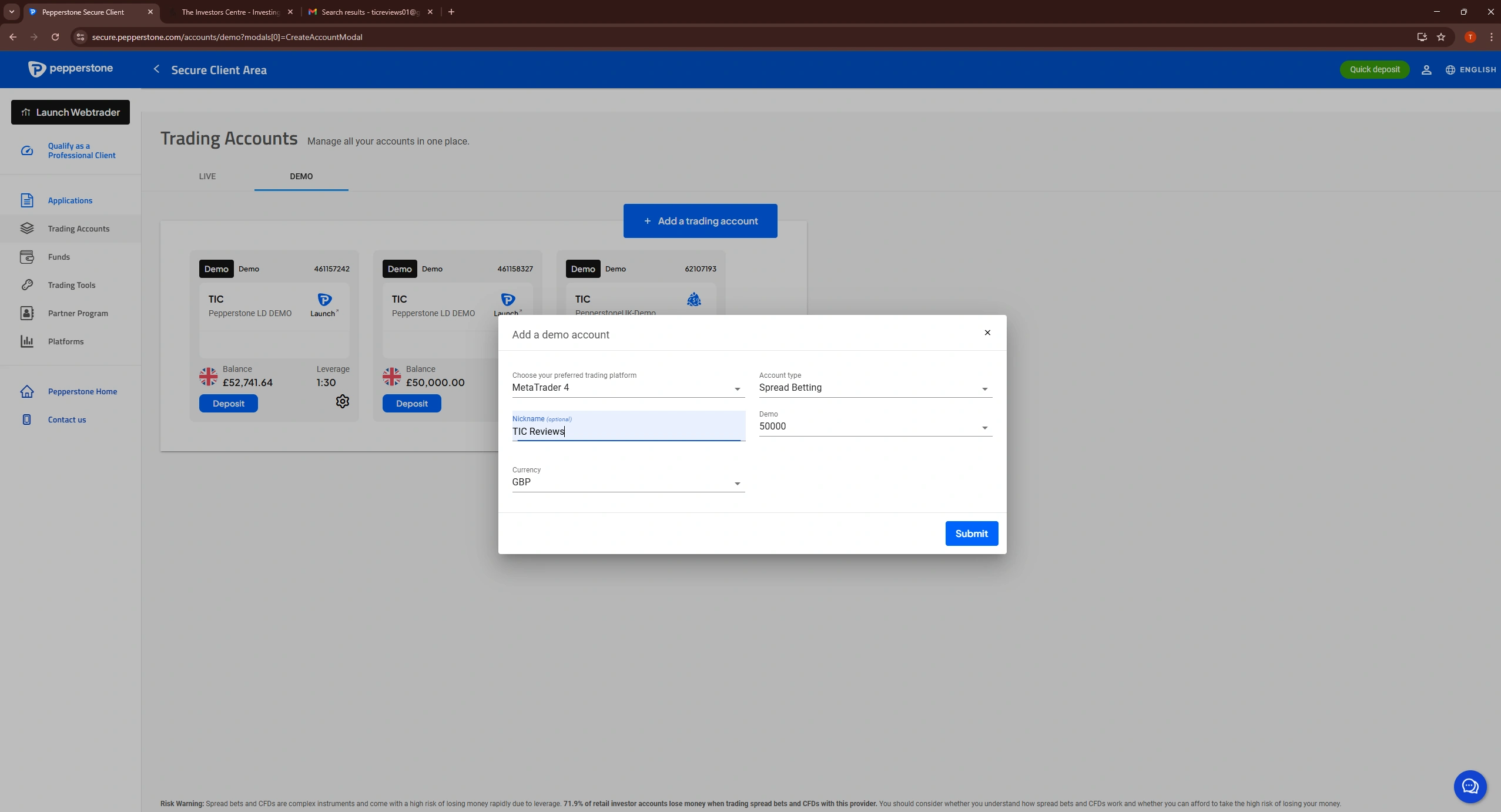 Screenshot of Pepperstone Secure Client Area showing demo trading accounts and MetaTrader 4 account creation window.