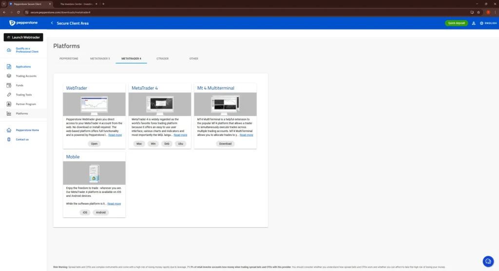 Pepperstone Secure Client Area showing the MetaTrader 4 platform download options, including WebTrader, desktop MT4, MT4 Multiterminal, and mobile apps