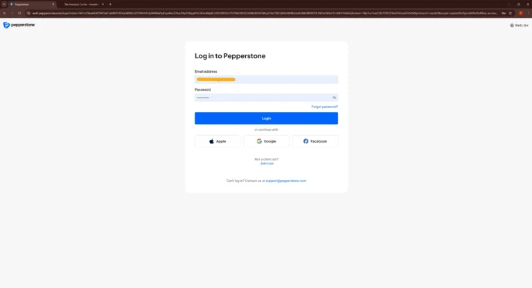 Pepperstone login screen showing email and password fields used to access an existing account before connecting MetaTrader 4 or MetaTrader 5