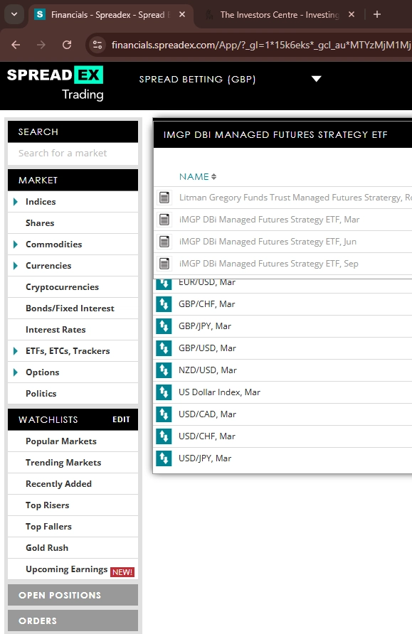Spreadex trading platform showing managed futures ETF and currency futures markets list