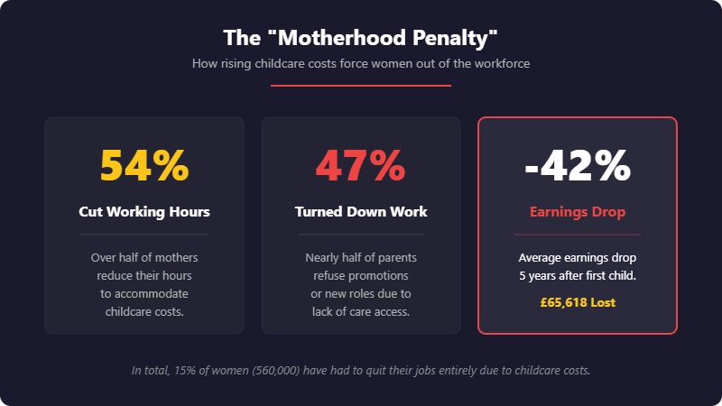 Infographic titled The Motherhood Penalty showing statistics on reduced working hours, declined job opportunities, and earnings drop after having children.