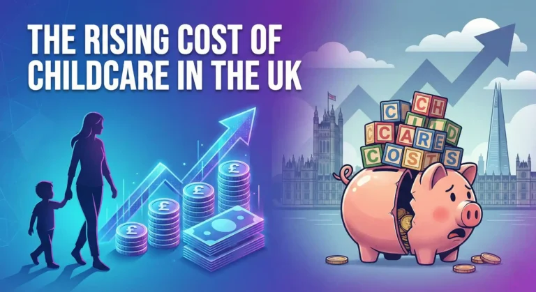 Illustration showing a parent and child beside rising pound coin stacks and an upward arrow, alongside a piggy bank labeled childcare costs in front of a London skyline.