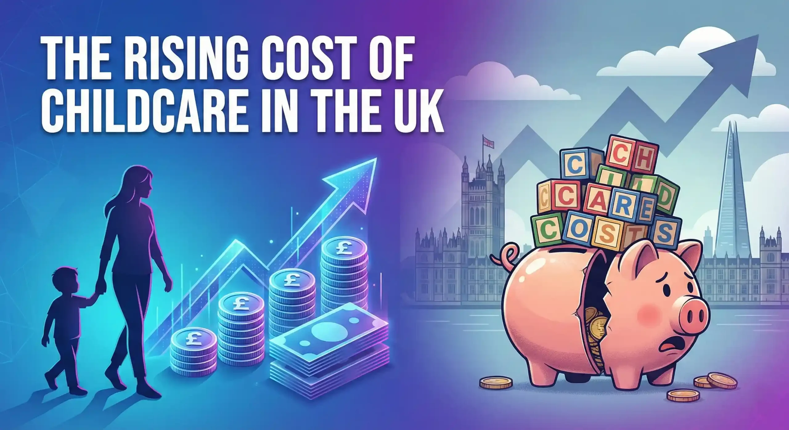 Illustration showing a parent and child beside rising pound coin stacks and an upward arrow, alongside a piggy bank labeled childcare costs in front of a London skyline.