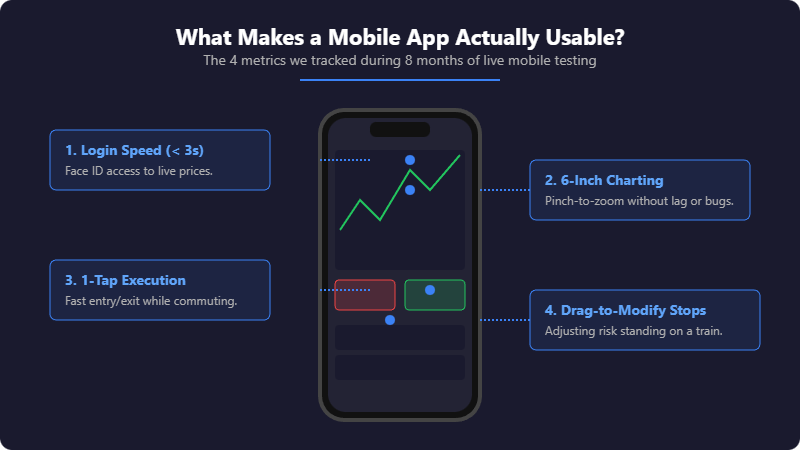 Infographic listing four mobile app usability factors: login speed, charting quality, one-tap execution, and stop-loss adjustment