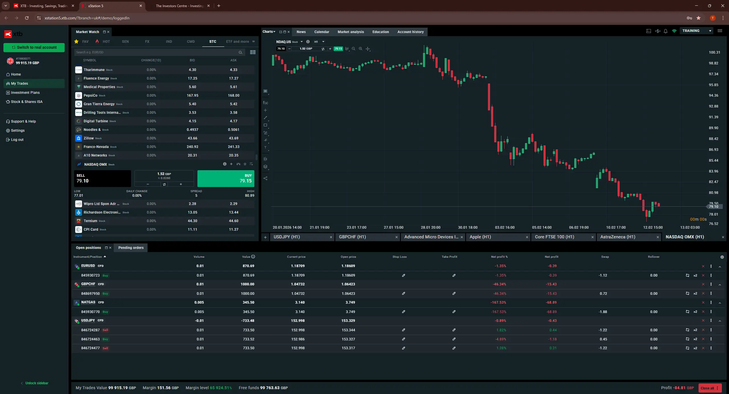 XTB trading platform displaying index market watchlist, candlestick chart, and open positions panel
