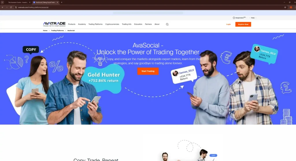AvaTrade AvaSocial copy trading platform showing users copying expert traders and viewing published returns on mobile devices