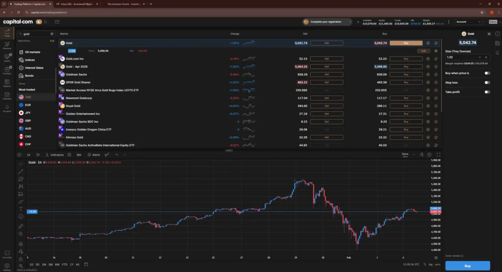 Capital.com trading platform showing gold CFD chart, pricing and order panel