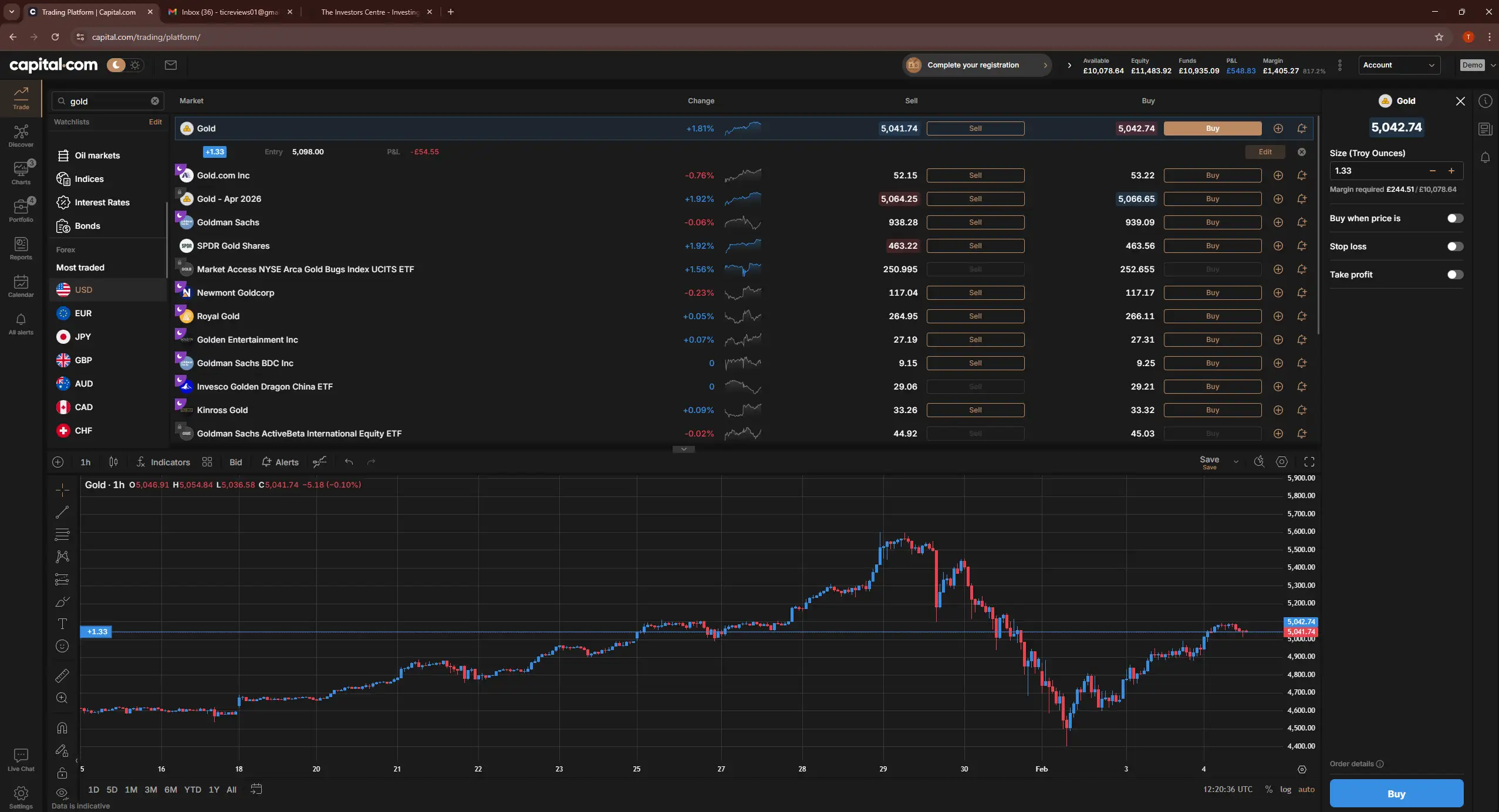 Capital.com trading platform showing an open leveraged position with overnight financing charges visible alongside the unrealised profit and loss