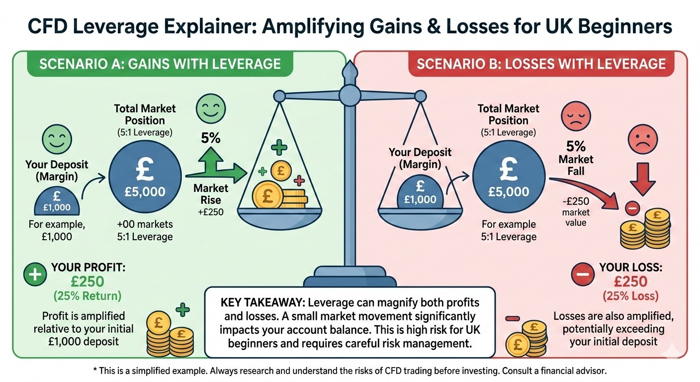 Diagram explaining how CFD leverage works, showing how a small market move creates amplified gains or losses relative to the margin deposited