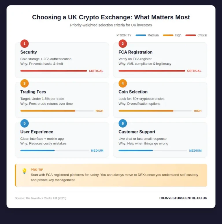Infographic showing 6 priority factors for choosing a UK crypto exchange in 2026: security, FCA registration, trading fees, coin selection, user experience, and customer support with colour-coded priority ratings