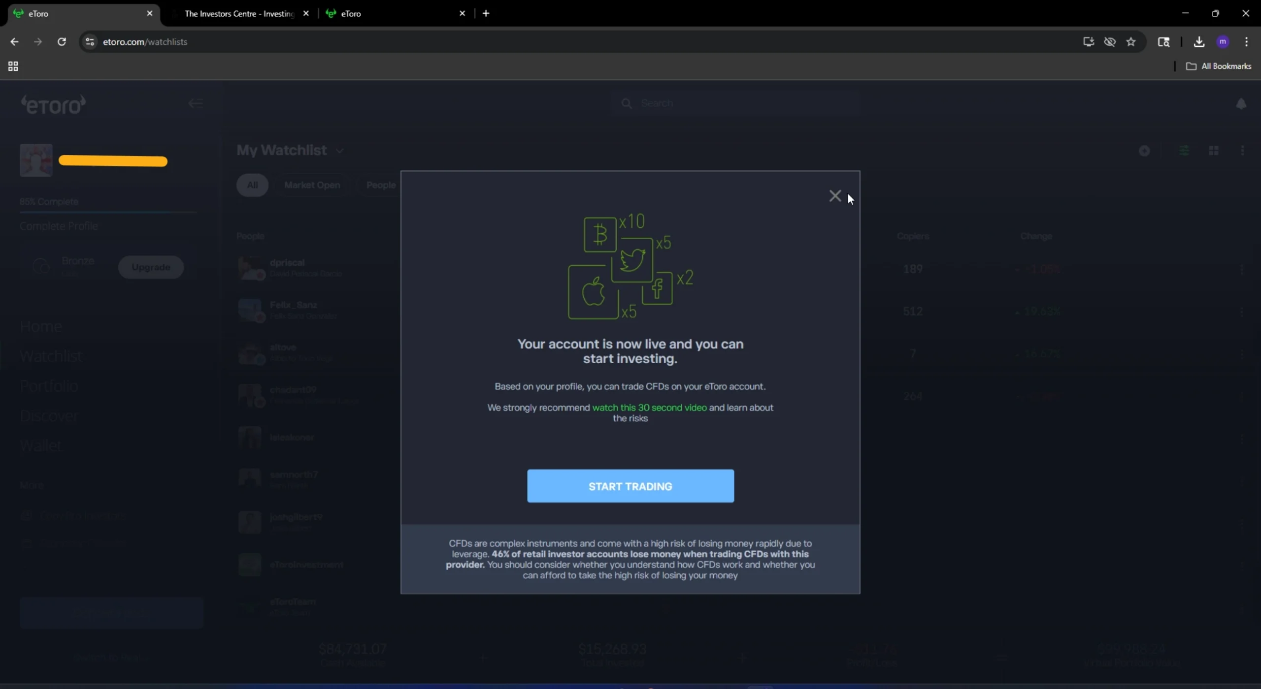 eToro start trading pop-up showing account activation message and CFD risk disclosure