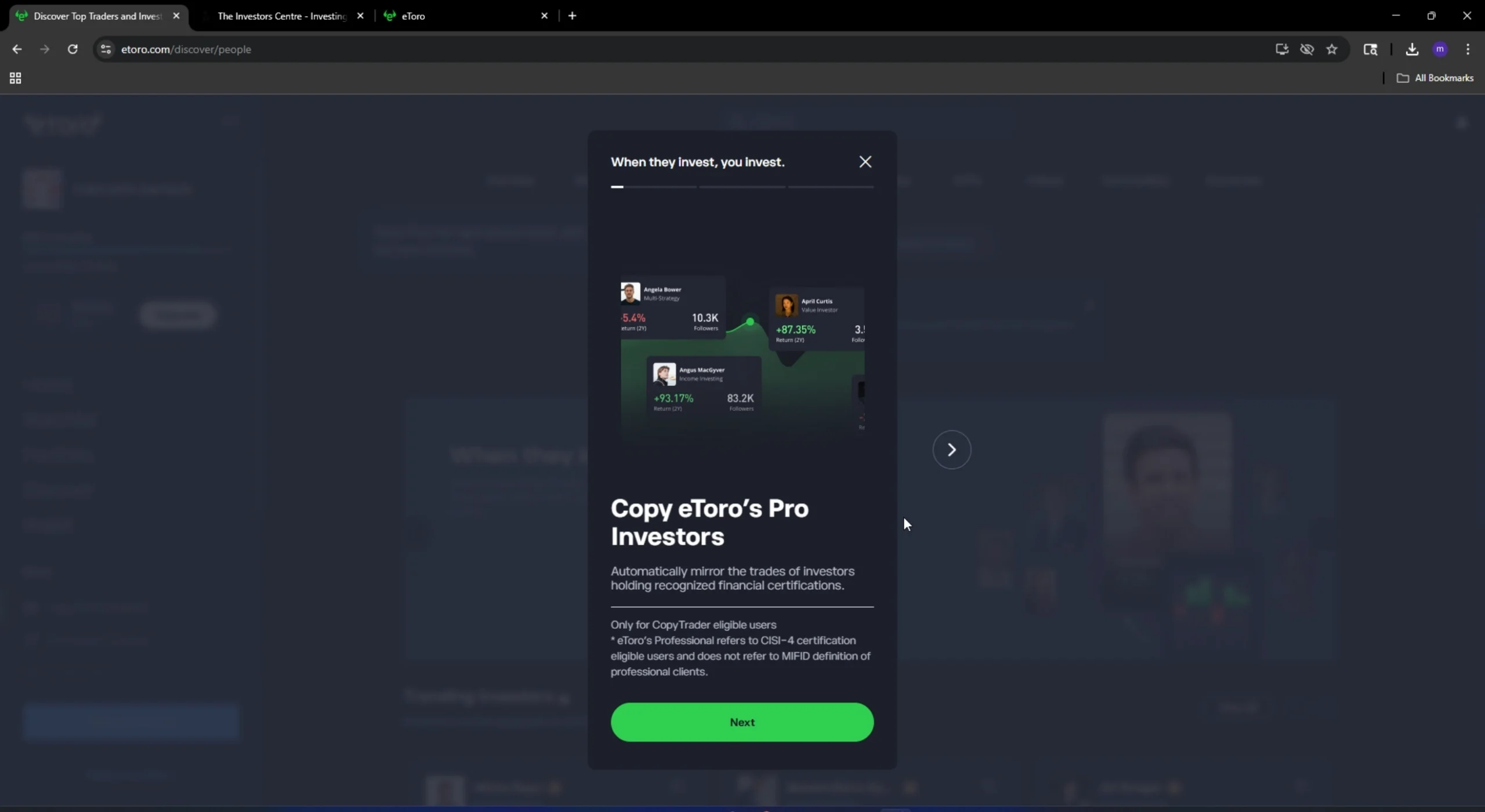Screenshot of eToro desktop dashboard promoting CopyTrader feature with professional investor profiles and performance metrics