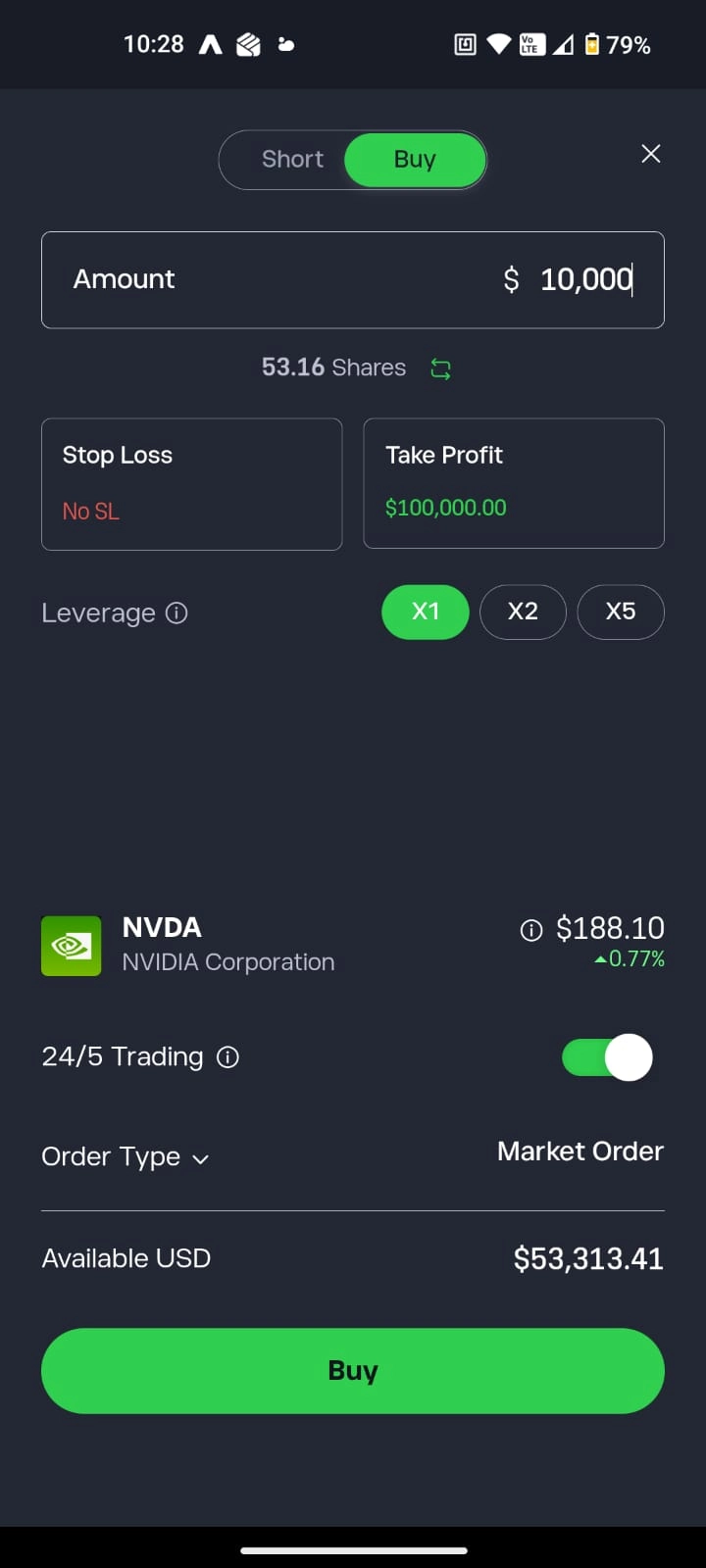 Screenshot of the eToro mobile app showing a stock order ticket with amount, leverage options, stop loss, and take profit settings