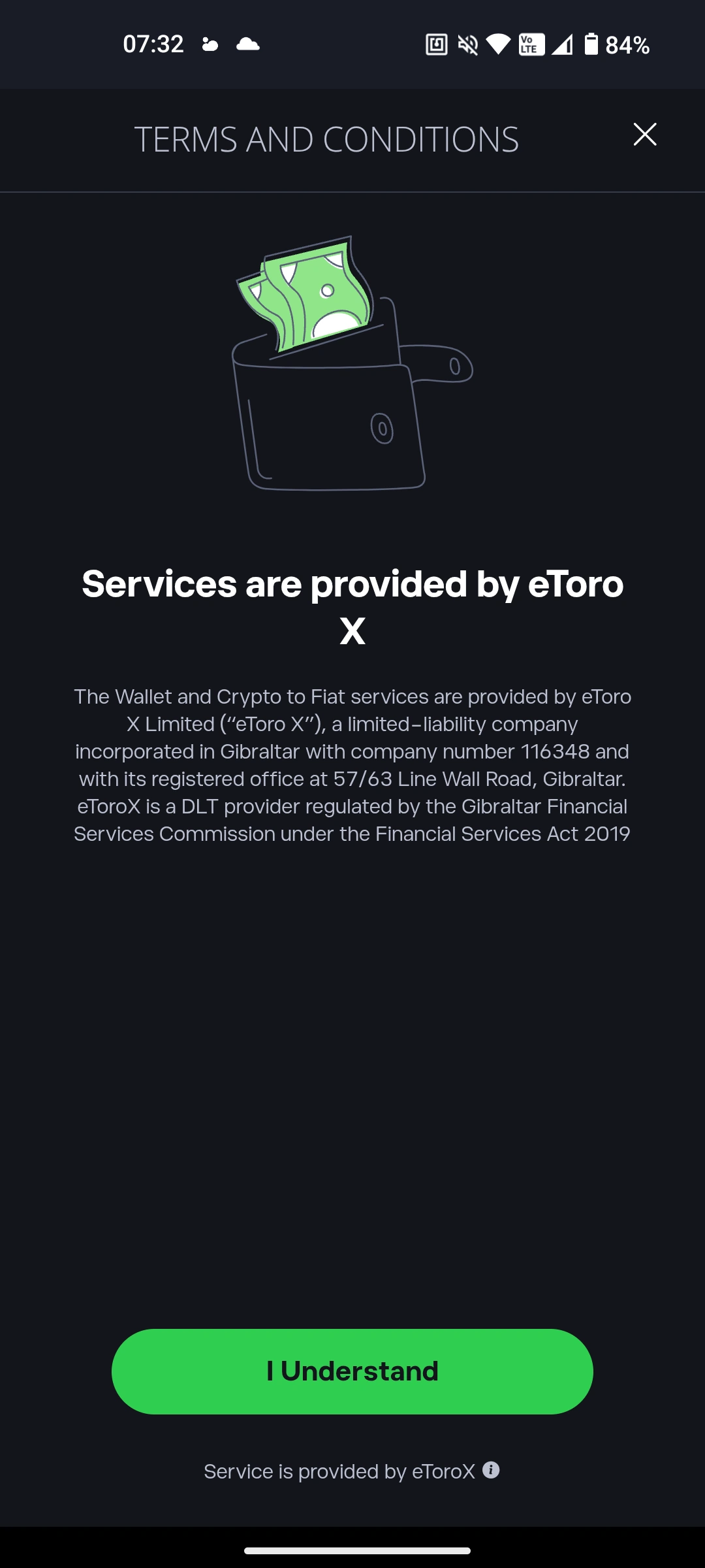 eToro X terms and conditions screen showing crypto wallet provider disclosure and regulatory information