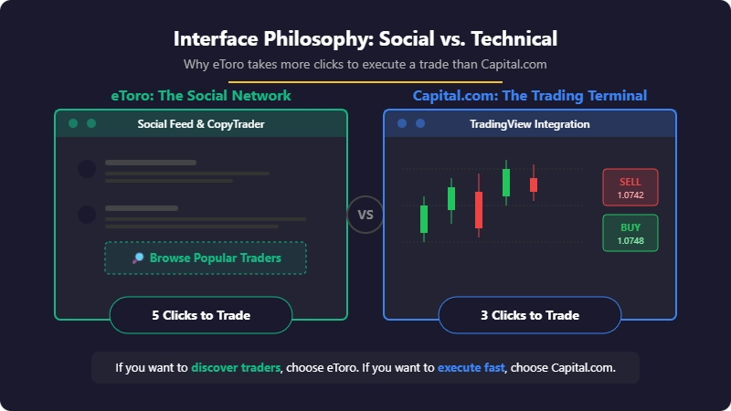Side-by-side comparison graphic showing eToro's social trading feed and Capital.com's TradingView-integrated trading interface