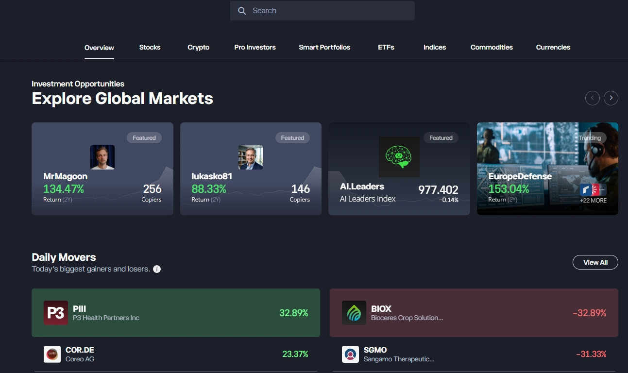 eToro Explore Global Markets Dashboard showing trading interface