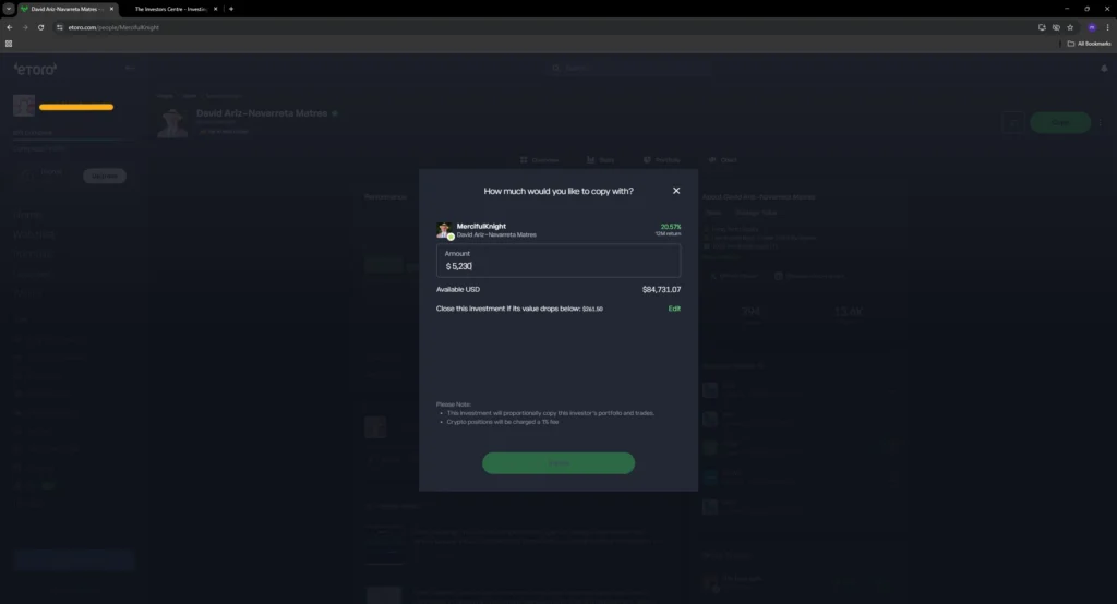eToro copy trading confirmation screen showing a $5,230 copy amount, 20.57% 12-month return, and stop-copy level before investing