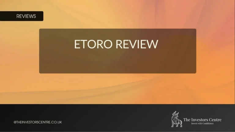 eToro review banner with orange gradient background, Reviews label, and The Investors Centre logo
