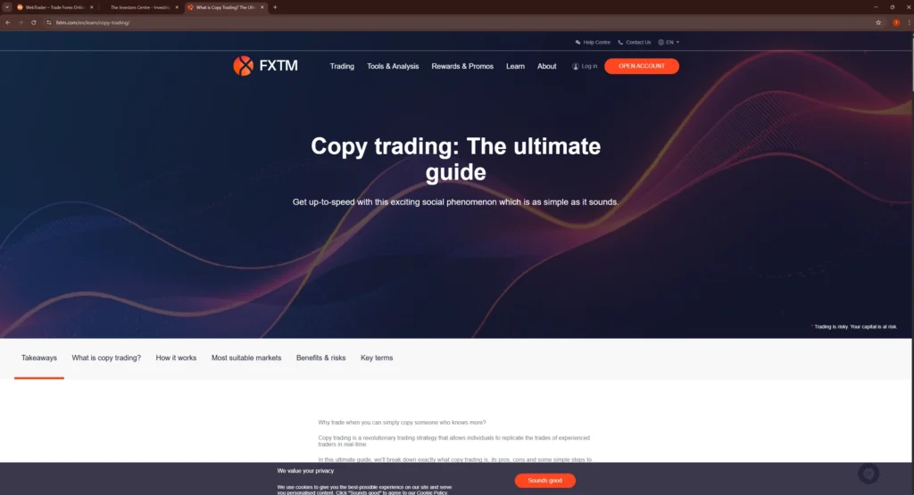 FXTM copy trading guide page explaining how copy trading works and how investors can follow experienced traders