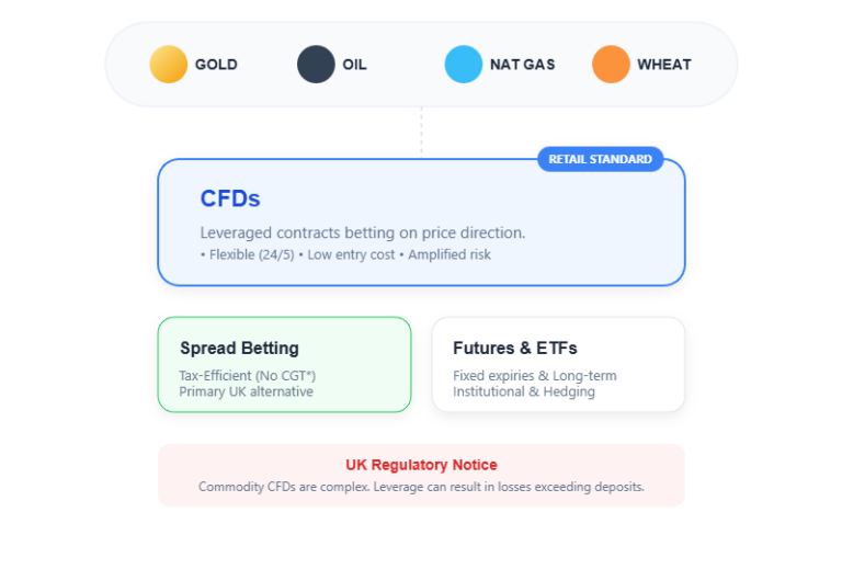Diagram showing ways to trade commodities via CFDs, spread betting, and futures across gold, oil, gas, and wheat.