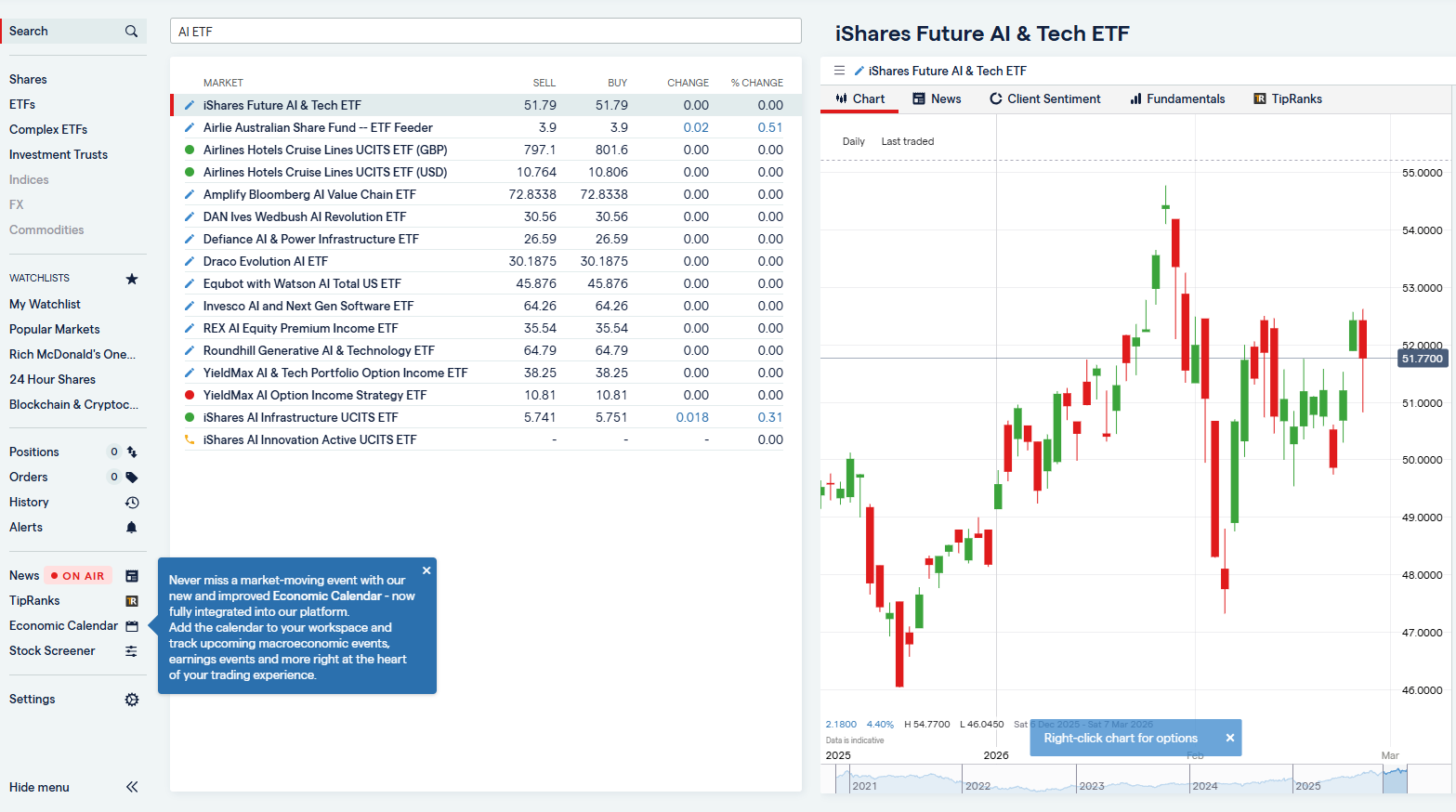 Screenshot of AI-focused ETF search results on a UK investment platform showing available funds and ongoing charges