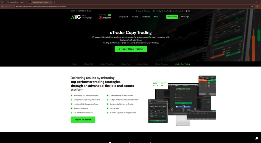 IC Markets cTrader Copy Trading platform showing how users can mirror top-performing trading strategies in real time