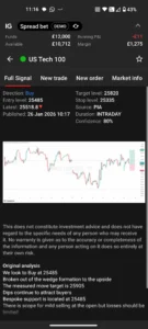 IG trading app demo showing US Tech 100 buy signal on 26 January 2026 with entry 25485, target 25820 and stop 25335