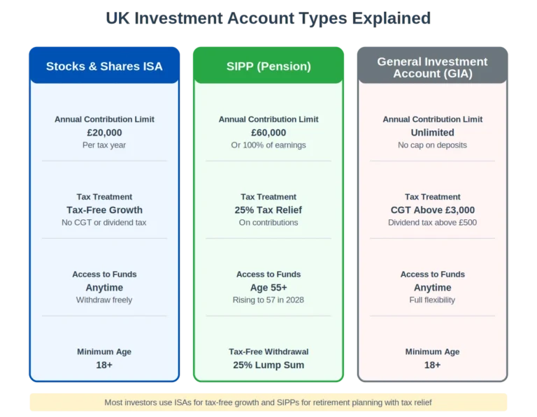UK investment account types comparison chart showing ISA vs SIPP vs GIA with tax benefits, contribution limits, and access rules