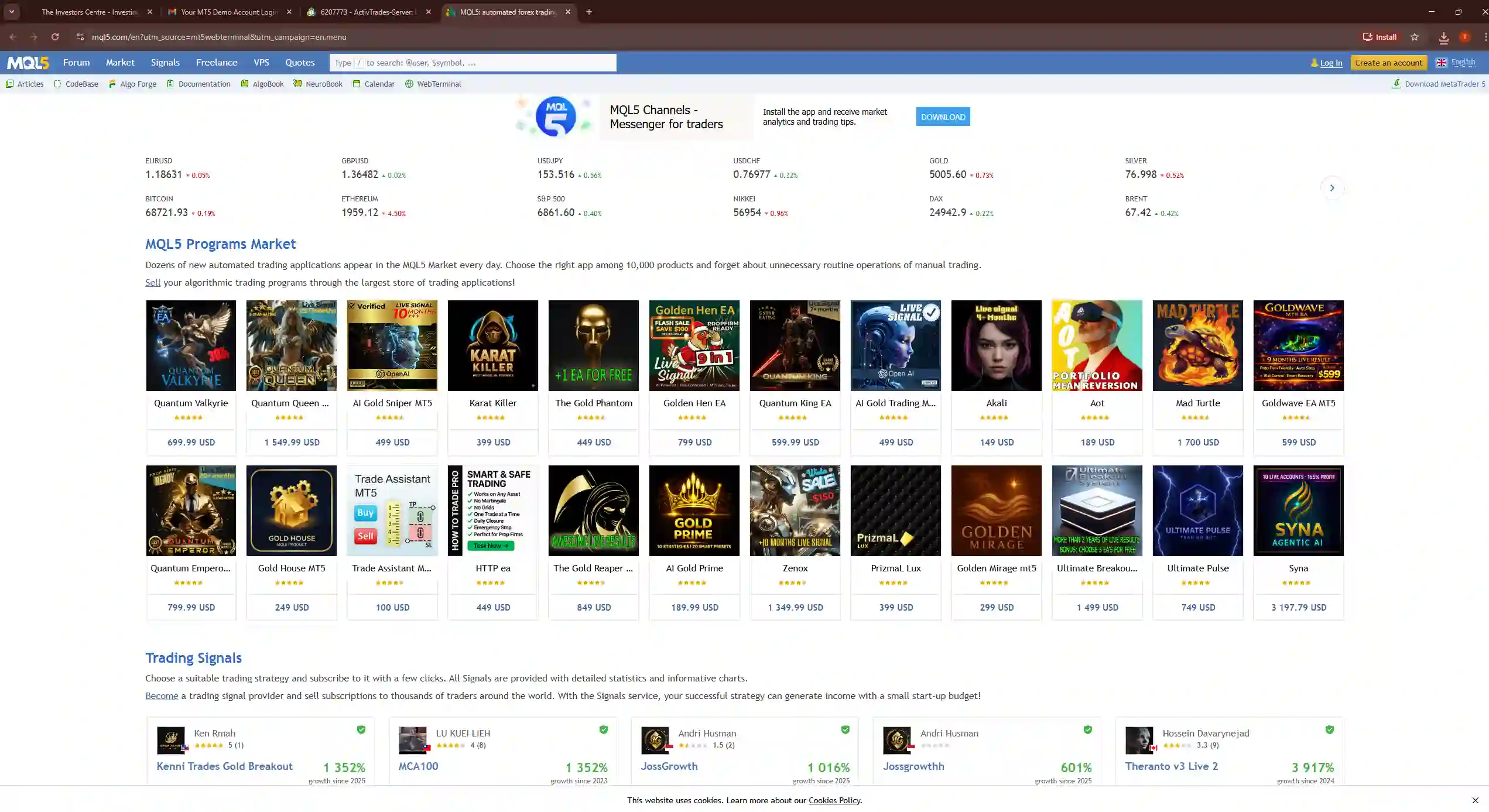 The MQL5.com marketplace showing various Expert Advisors and algorithmic trading signals available for download.