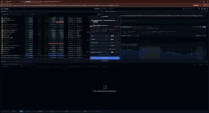SaxoTrader screen with AMD trade ticket over watchlist, chart, and positions panel.