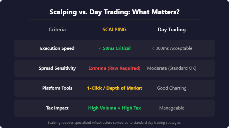 Comparison table showing key differences between scalping and day trading including execution speed, spread sensitivity, tools, and tax impact