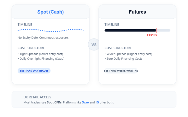 Spot vs futures comparison showing timeline, costs, and which suits day trades or longer holds.