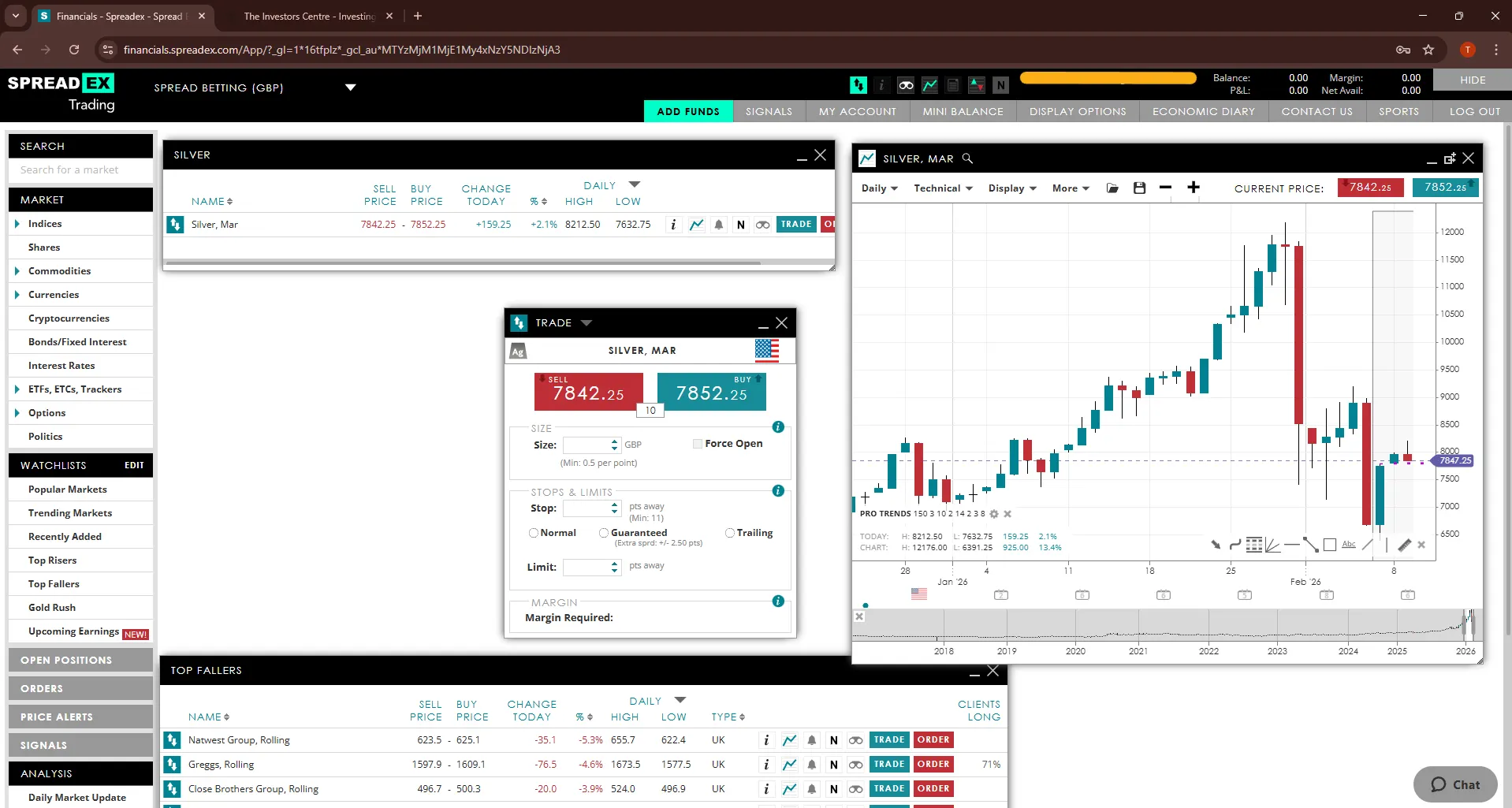 Spreadex trading platform showing Silver March contract with sell price 7842.25 and buy price 7852.25, daily candlestick chart and trade ticket panel