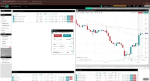 Spreadex trading platform showing candlestick chart, market watchlist and trade ticket used by high-volume spread betting traders